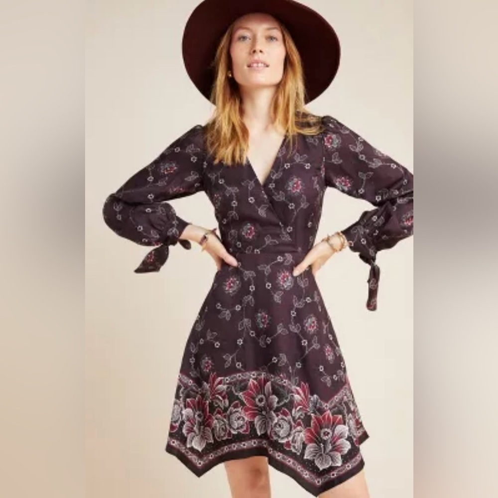 Rebecca Taylor Floral Wrap Dress Size 6 | Plum Silk Blend Long Sleeve NWT